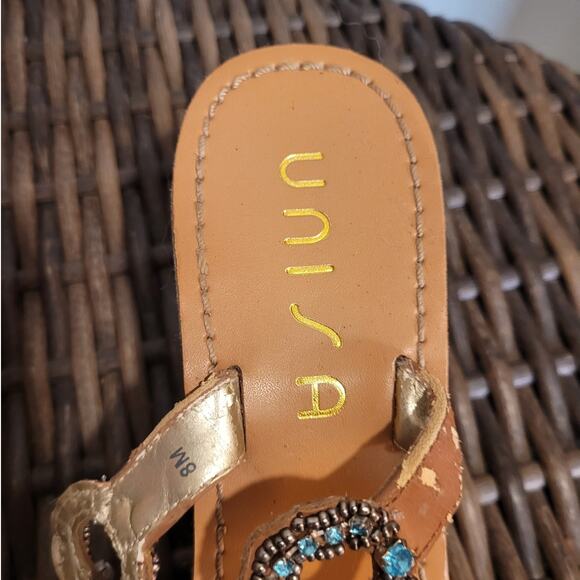 UNISA Rhinestone Cork Wedge Sandals 8 Tan Turquoise Flip Flop Beach Glam Resort - Picture 6 of 10
